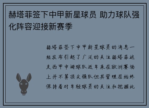 赫塔菲签下中甲新星球员 助力球队强化阵容迎接新赛季